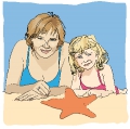 mommy on the beach with her little girl 